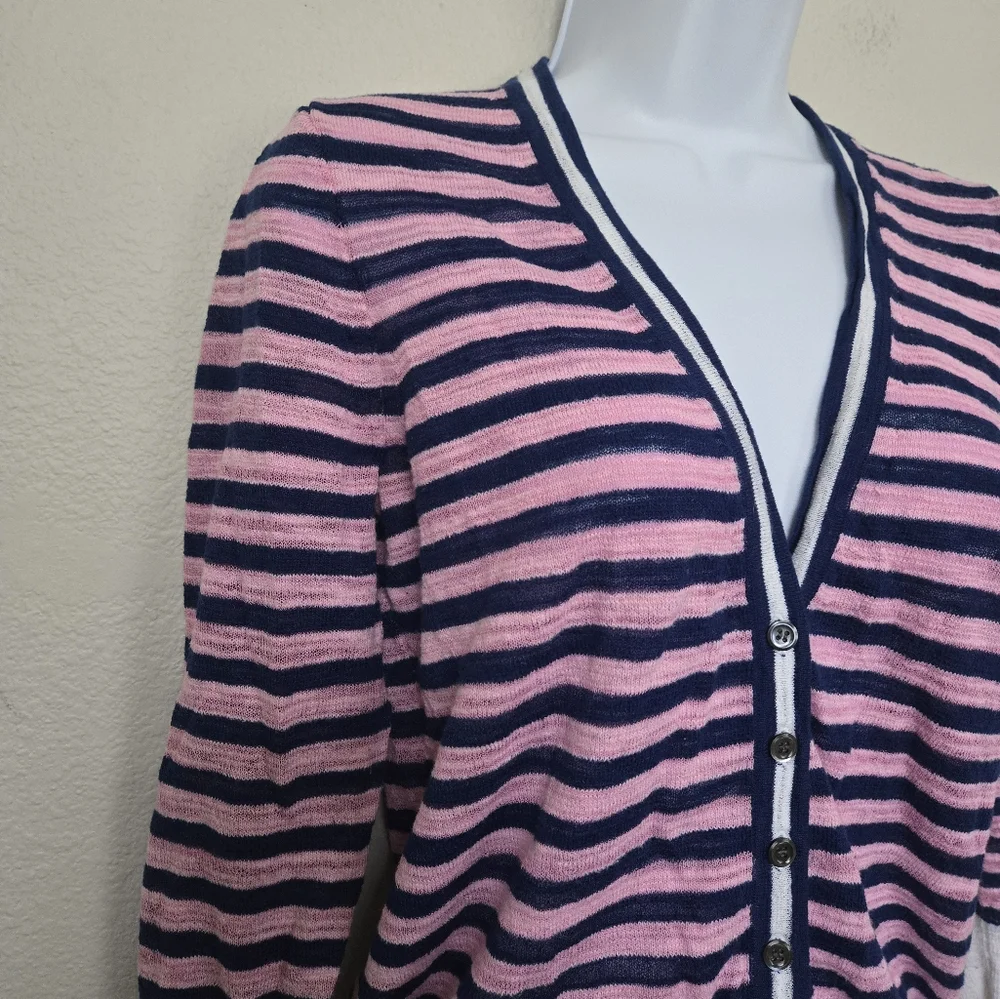 J Crew Striped Cotton Blend V Neck Sweater Cardigan Pink Blue size small